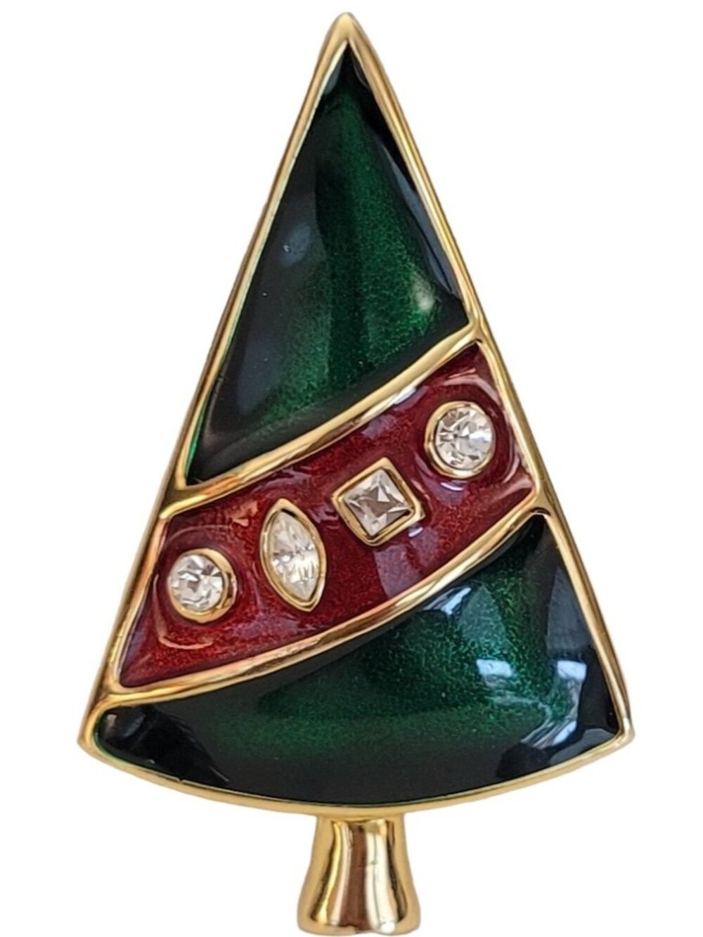 Gold Tone Green Enamel Clear Rhinestone Christmas Tree Brooch, K236